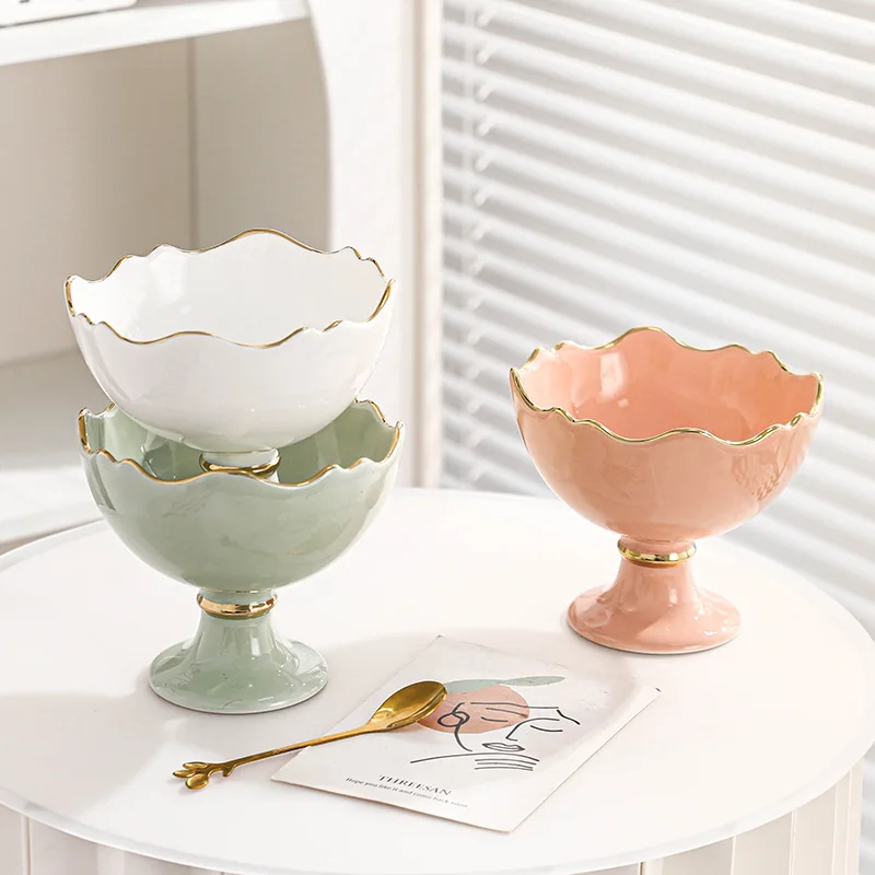 Ceramic Gold Rim Ice Cream Ice Cream Bowl Macaron Simple Salad Bowl Tall Design Feeling Dessert Bowl