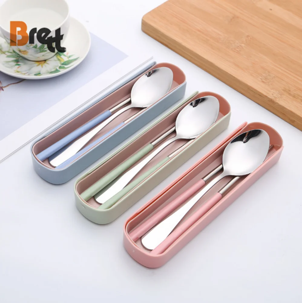 Пользовательский логотип, ложка из нержавеющей стали, палочки для еды, вилка, набор из 3 предметов, корейская портативная посуда, креативный подарочный набор