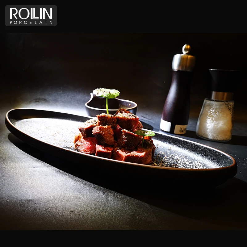 Оптовая торговля посудой для ресторана Черные овальные тарелки Черные тарелки Керамические тарелки для отелей и ресторанов
