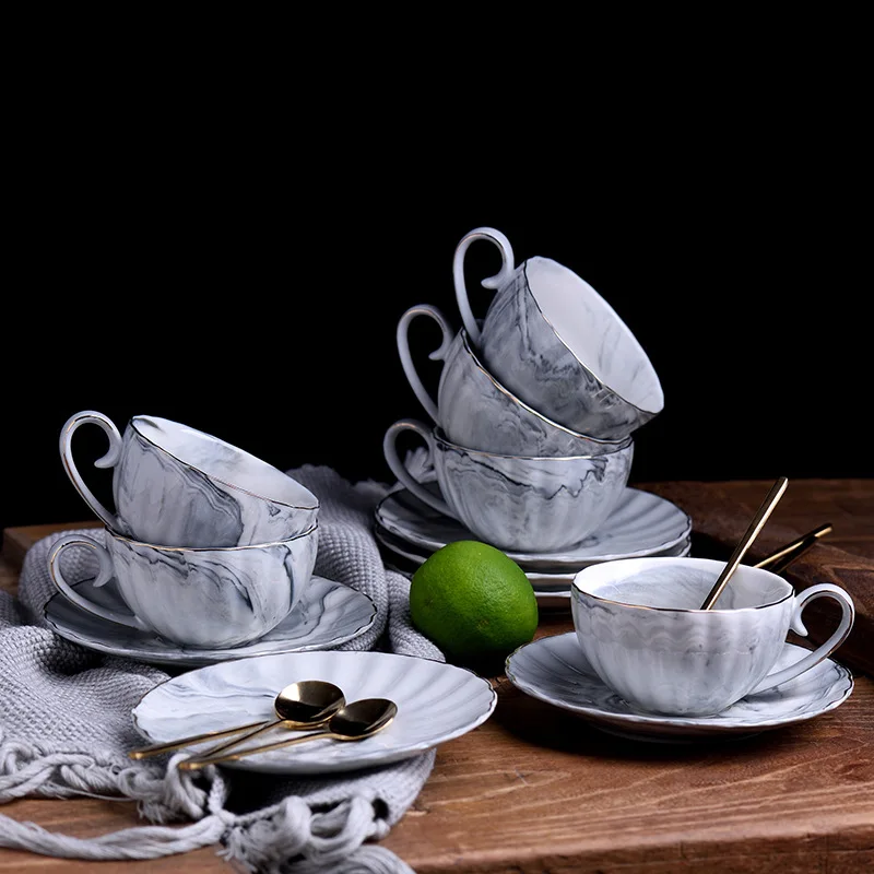 Nordic Coffee Gift Simple Afternoon Tea Marbled Color Pumpkin Cup and Saucer Ceramic Customizable Coffee Cup