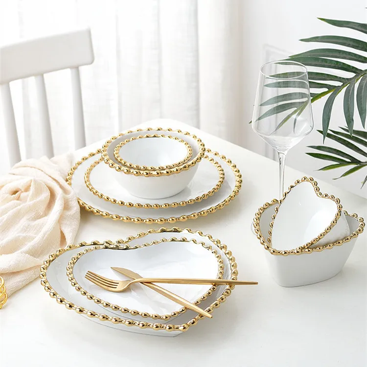 Luxury Bead Point White Ceramic Gold Rim Dinner Set Home Restaurant Heart Shape Bowl and Plates Crockery Dinnerware Sets