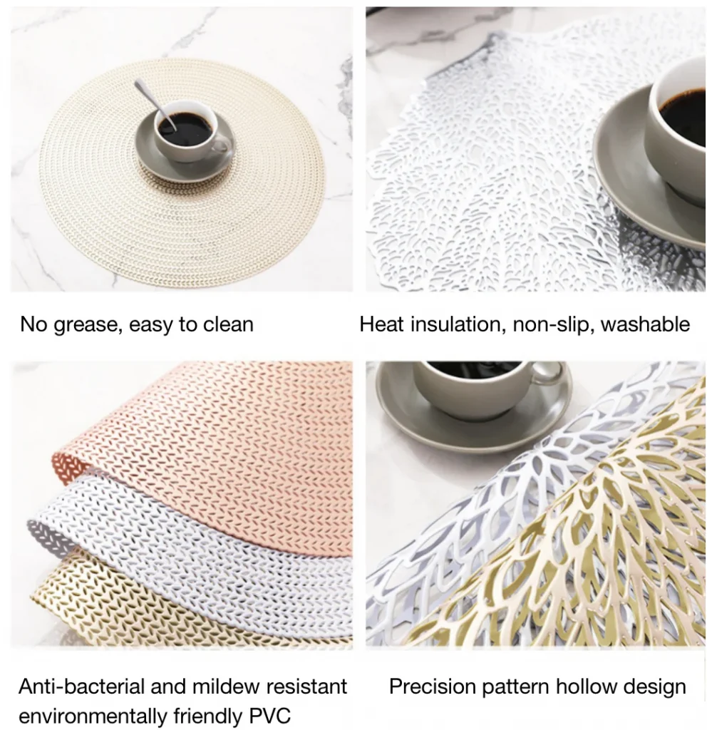 Customized PVC Table Mats Lightweight Washable Gold Silver Copper Hollow Design Waterproof Affordable Packaged in Cartons