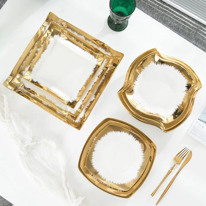 Nordic Luxury Gilt-Edged Ceramic Plate Modern Dim Sum Fruit Breakfast Dishes Salad Cake Steak Plate Home Use Restaurant
