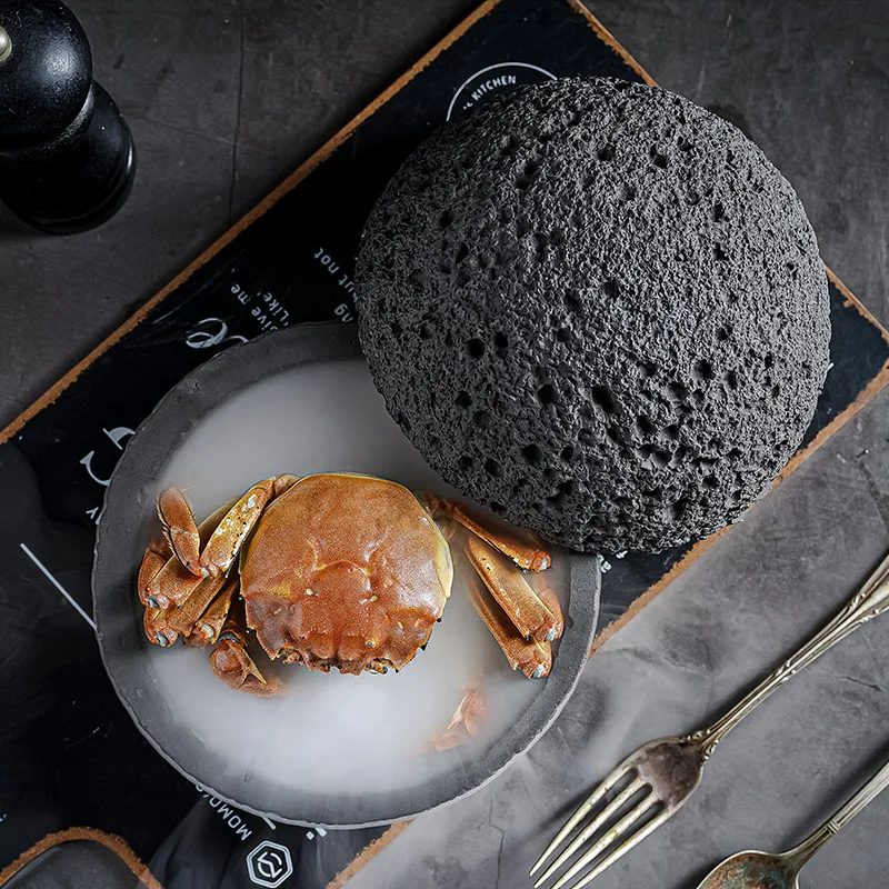 Japanese Volcanic Stone Artistic Conception Dish Planet-Shaped Ice Plate Hotel Tableware Sushi Sashimi Seafood Presentation