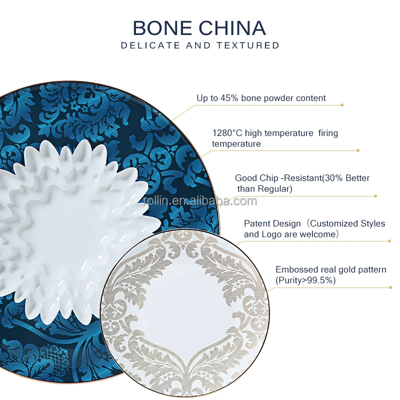 Роскошные тарелки из костяного фарфора Синие наборы посуды Посуда Тарелки из костяного фарфора для ресторана