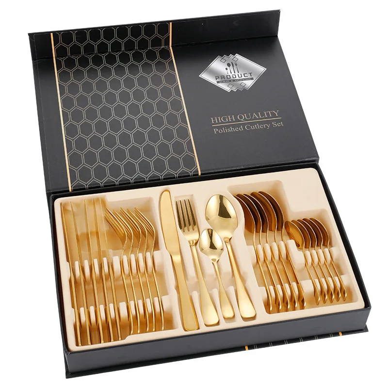 Luxury 24pcs Golden Stainless Steel Cutlery Set Modern Design Sustainable Wedding Flatware and Tableware