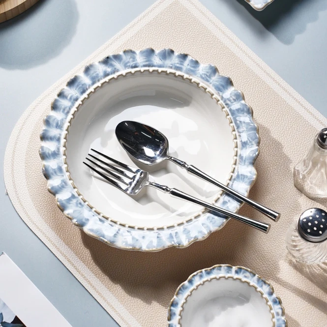 French Ceramic Porcelain Plate Household Soup Bowl Blue Flower Edge Ceramic Cup Dinnerware