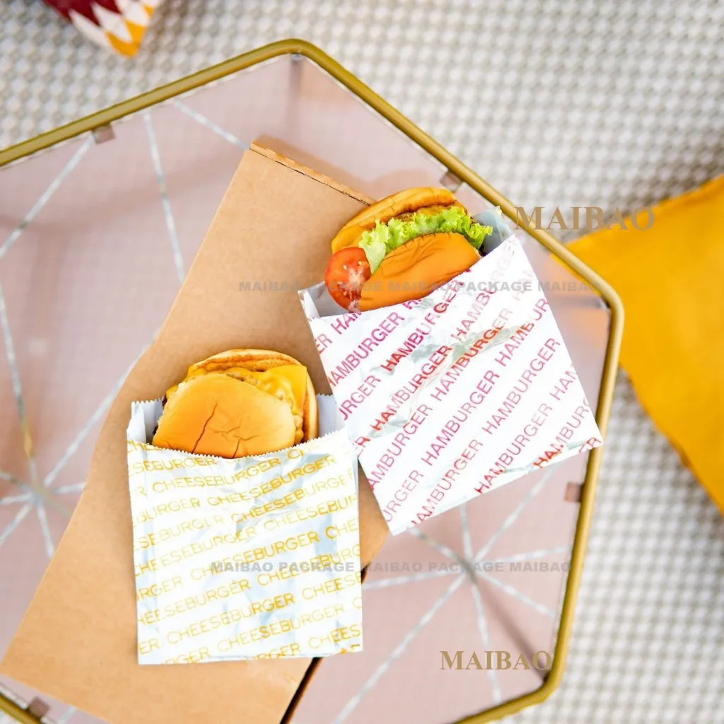Изготовленные на заказ экологически чистые жиронепроницаемые бумажные пакеты для еды на вынос, упаковка для фаст-фуда, барбекю, жареная курица, барбекю, хот-дог, бумажные пакеты с подкладкой из алюминиевой фольги