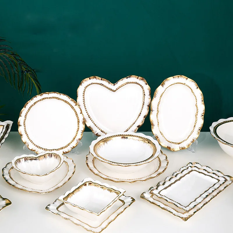 Simple Style White Heart Shaped Gold Hotel Party Plates Dishes Eco square Dinner Tableware Dinnerware Set