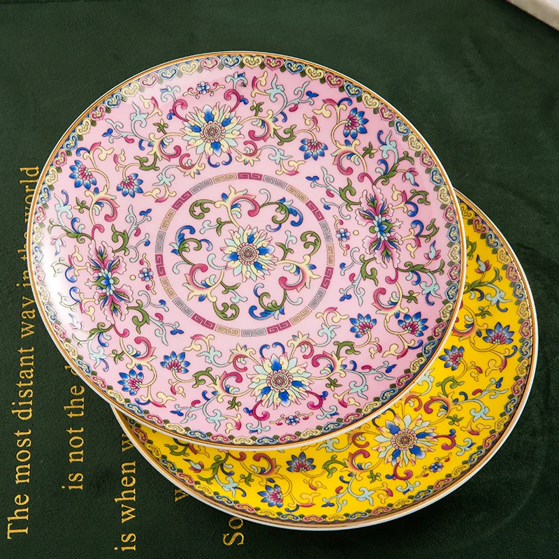 Vintage Enamel Glazed Bone China Flat Plates Round Ceramic Platter Luxury Serving Dinner Dishes and Plates