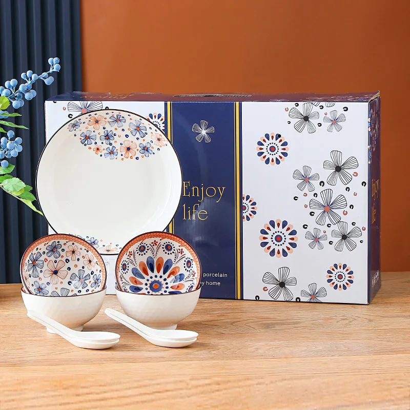 Wholesale Custom Logo Printed Ceramic Tableware Dinnerware Set Including Bowl Spoon Plate Gift Box