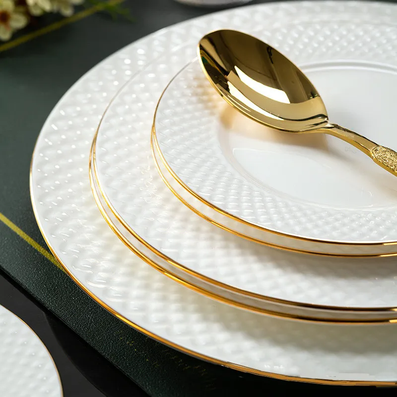 Embossed Porcelain Dinner Plates and Bowls Set Luxury White Ceramic Dishes Fine Bone China Dinnerware Set