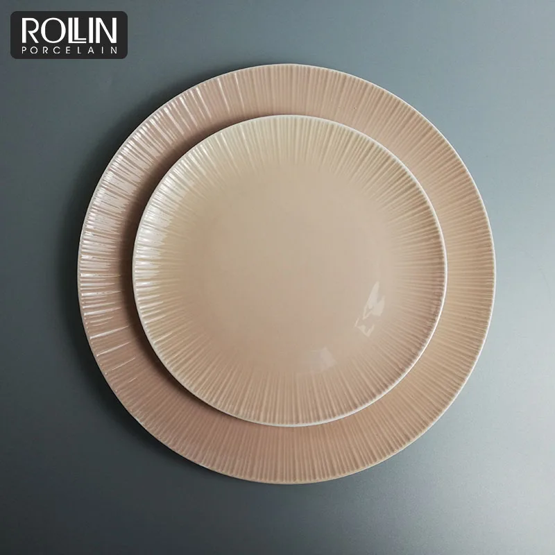 Посуда для отеля Розовая глазурованная столовая посуда из костяного фарфора Роскошная тарелка из костяного фарфора Элегантная нежная посуда для отеля