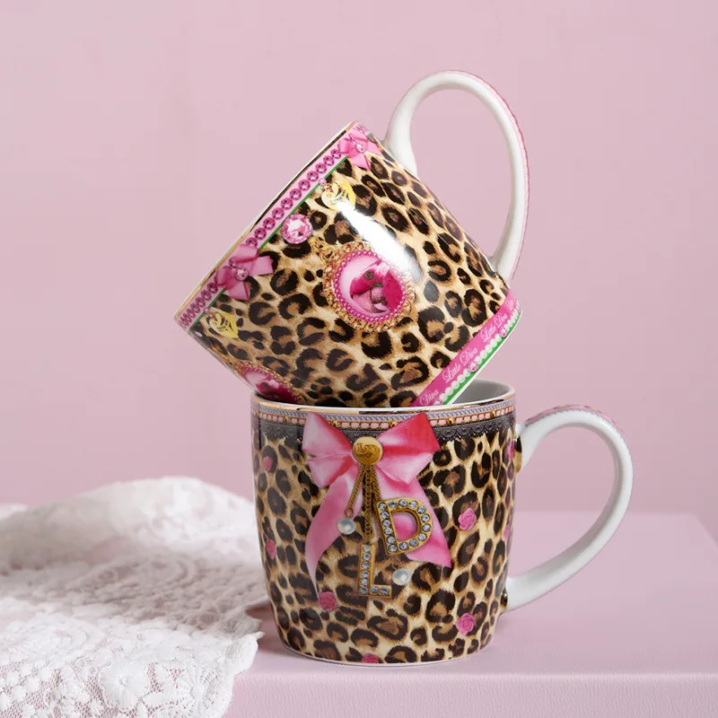 Creative Leopard Print Pink English Coffee Mug Home Breakfast Coffee Cup Mugs Milk Cutlery Ceramic Tableware Set