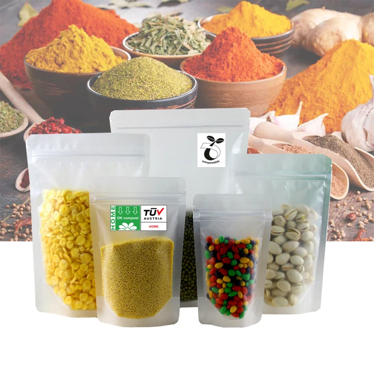 Изготовленный на заказ многоразовый экологически чистый Pla биоразлагаемый стоячий пакет для упаковки пищевых продуктов на молнии прозрачный прозрачный мешочек для специй