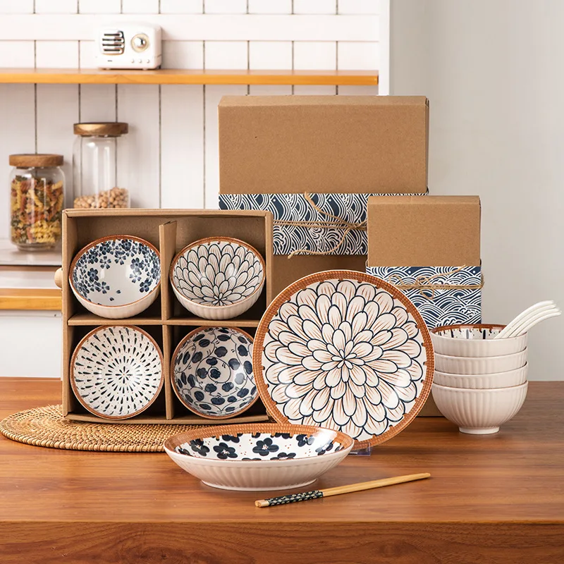 Japanese Hand Painting Ceramic Bowl Gift Set Under Glazed Rice Soup Bowl 4.5 Inch Serving Bowls Set