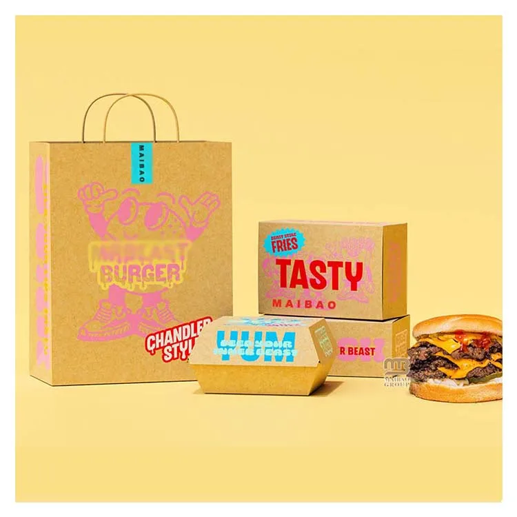 Одноразовая коробка с принтом на заказ, коробка для гамбургера, картофеля фри, жареной курицы, попкорна, упаковка для фаст-фуда, коробка из крафт-бумаги