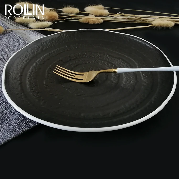 Фарфоровые обеденные тарелки для отелей, черная глазурованная круглая керамическая фарфоровая тарелка для стейка в западном стиле