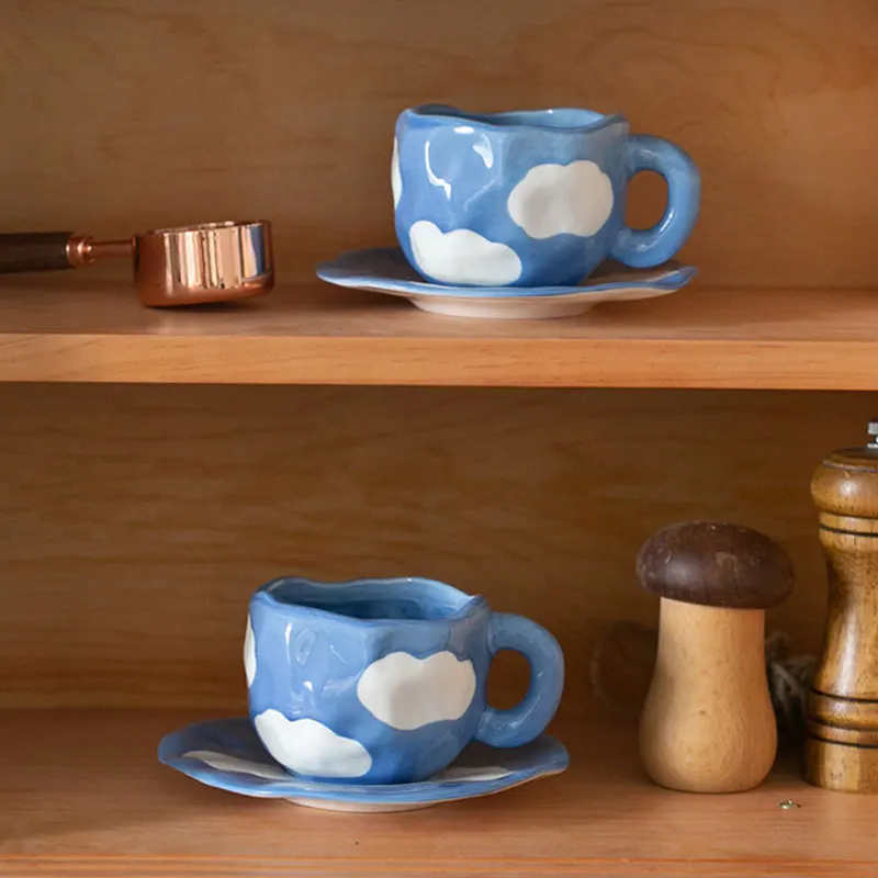 Eco-Friendly Japanese Hand Painted Blue Sky and White Clouds Coffee Cup with Saucer for Gifts and Occasions-MOQ 10 Pcs