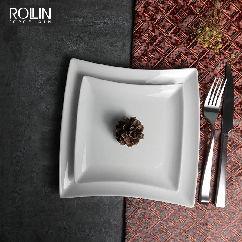 Оптовая торговля тарелками для гостиниц. Фарфоровые квадратные плоские квадратные тарелки.