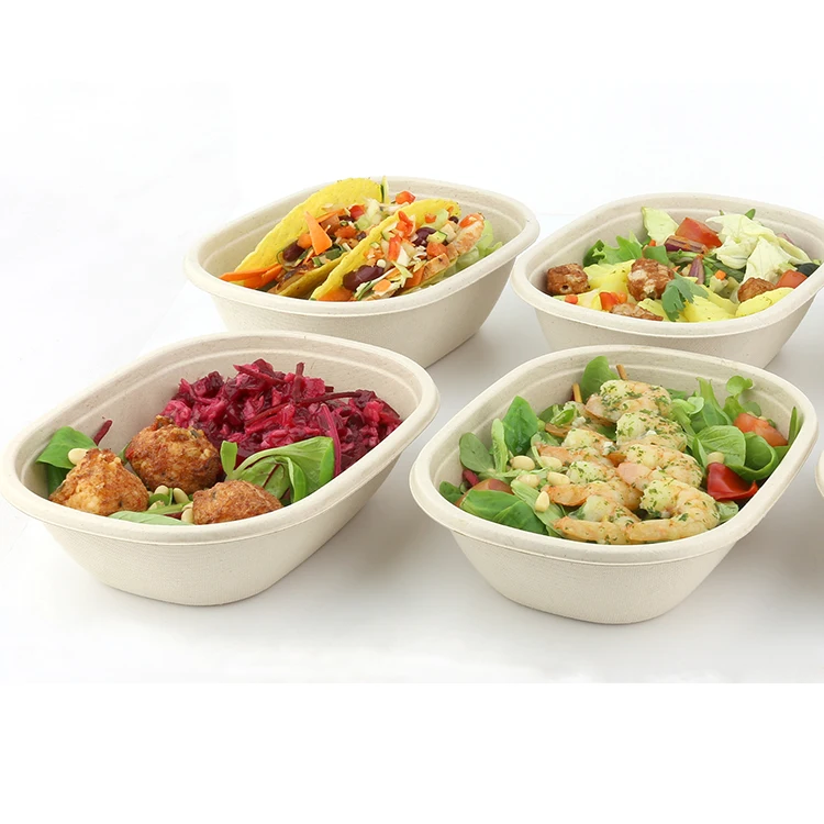 Экологичные 32 унции коричнево-белые прямоугольные круглые овальные квадратные шестигранные одноразовые тарелки и миски для салатов из жома сахарного тростника и целлюлозы