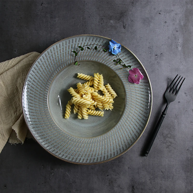 Тарелки оптом, ресторанная посуда, деревенский стиль, серая керамика, глубокая тарелка, фарфоровая посуда, набор 10-дюймовых керамических тарелок