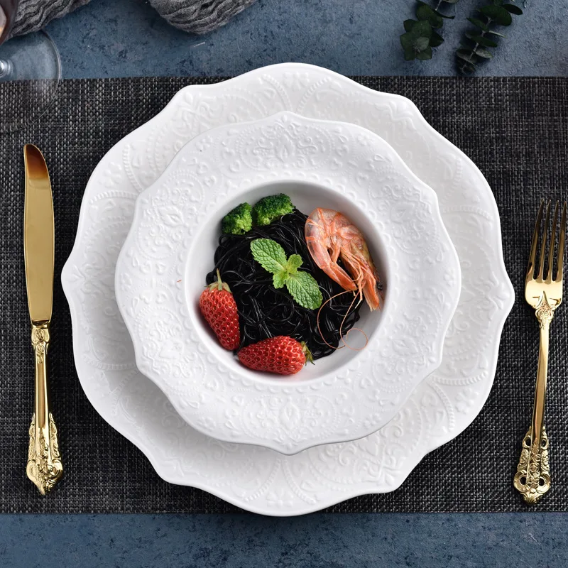 European Retro Palace White Lace Ceramic Soup Plate Cross-Border Wholesale Western Food Pasta Plate for Hotel Party Super Relief
