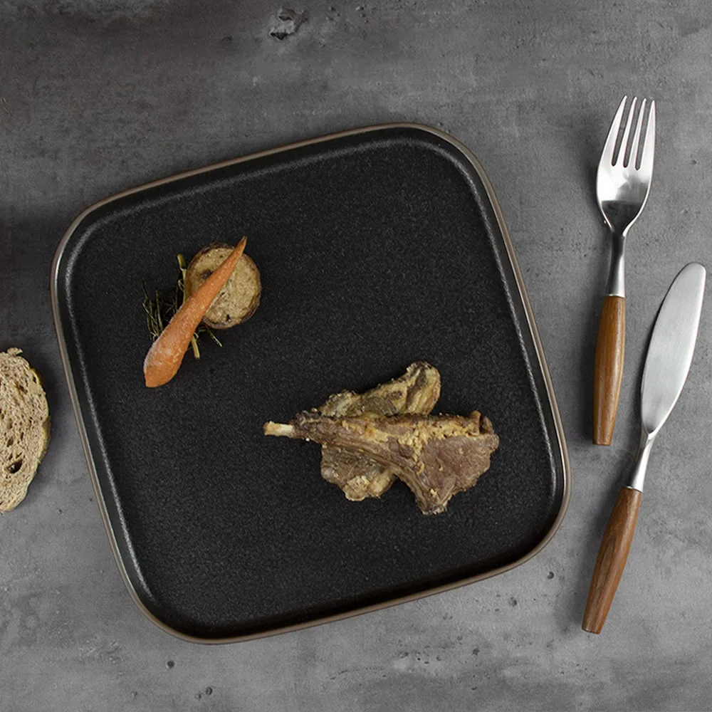 Оптовая продажа, черная керамическая тарелка, роскошная керамическая квадратная тарелка для ресторана, керамическая посуда, набор столовой посуды, тарелки для кейтеринга