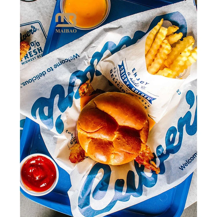 Оптовая продажа упаковочной бумаги на заказ для картофеля фри, гамбургера, сэндвича, жареной курицы, оберточная бумага для упаковки хлеба, оберточная бумага для еды