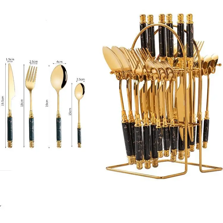 Luxury Tableware 24pcs Gold Flatware Cutlery Marble Ceramic Handle Stainless Steel Spoon Knife and Fork Set for Wedding