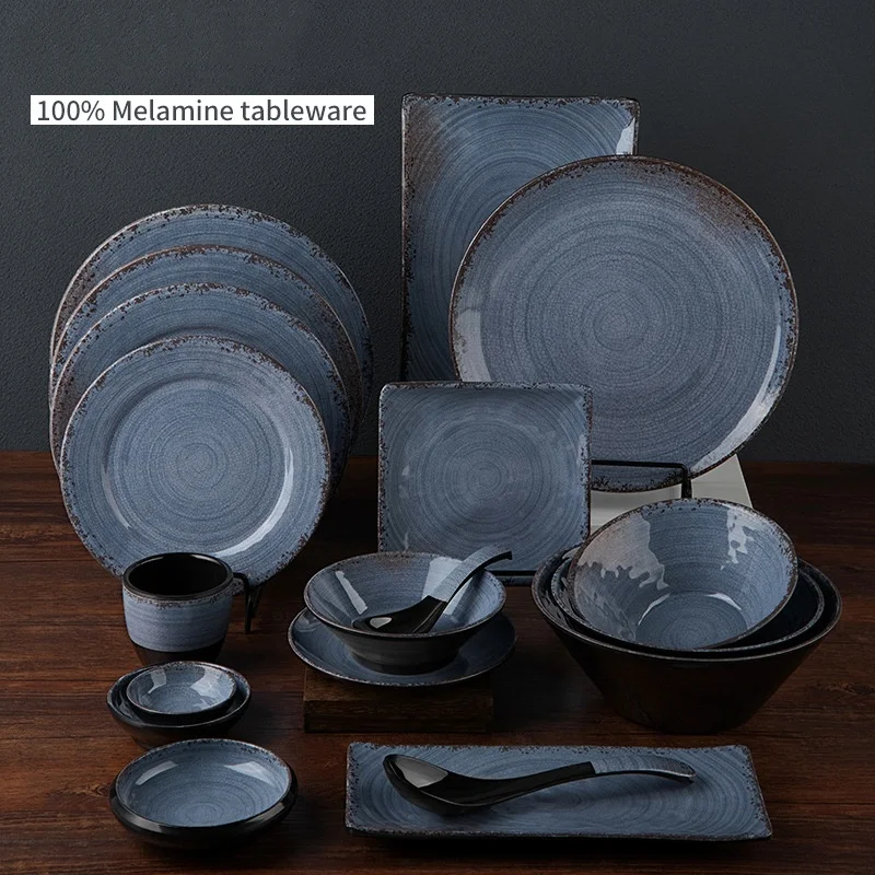 Наборы столовой посуды из меламина Коричневые пятна с ободком тарелки Набор японской посуды Серая меламиновая тарелка Роскошная