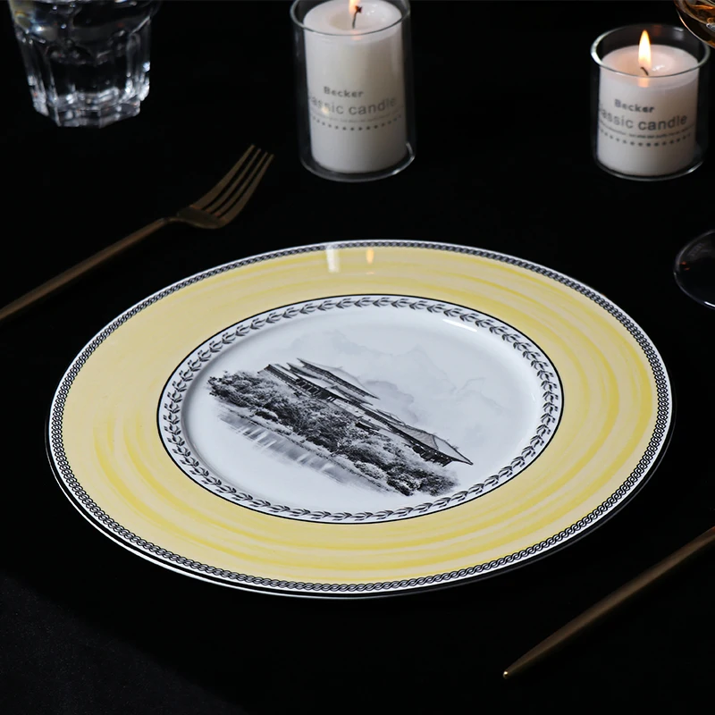 Фарфоровая обеденная тарелка для ресторана, костяной фарфор, роскошная посуда, тарелка с широкими краями, тарелка по индивидуальному заказу с желтой полосой, сервизная тарелка
