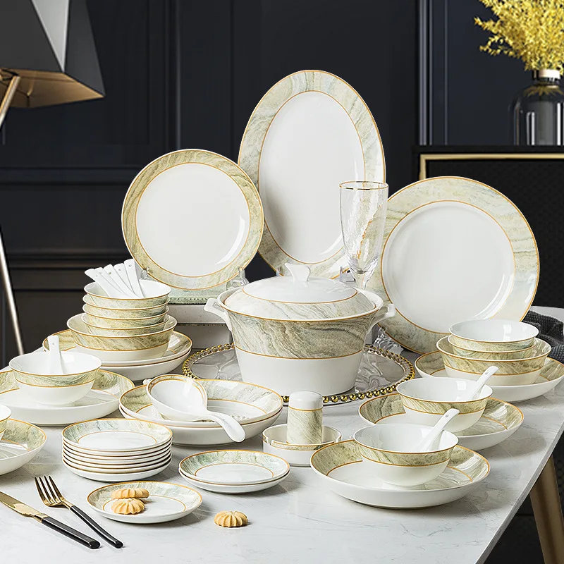 Luxury Marble European Style Ceramic Tableware Set Lightweight Dinnerware With Golden Edge Suit for Household Use