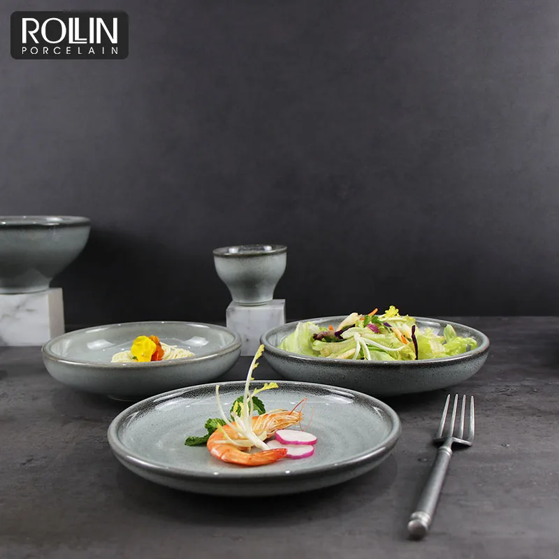 Домашний декор, фарфоровые керамические тарелки по индивидуальному заказу, гостиничные принадлежности, тарелки с принтом, посуда с логотипом, ресторан, каменные серые обеденные тарелки
