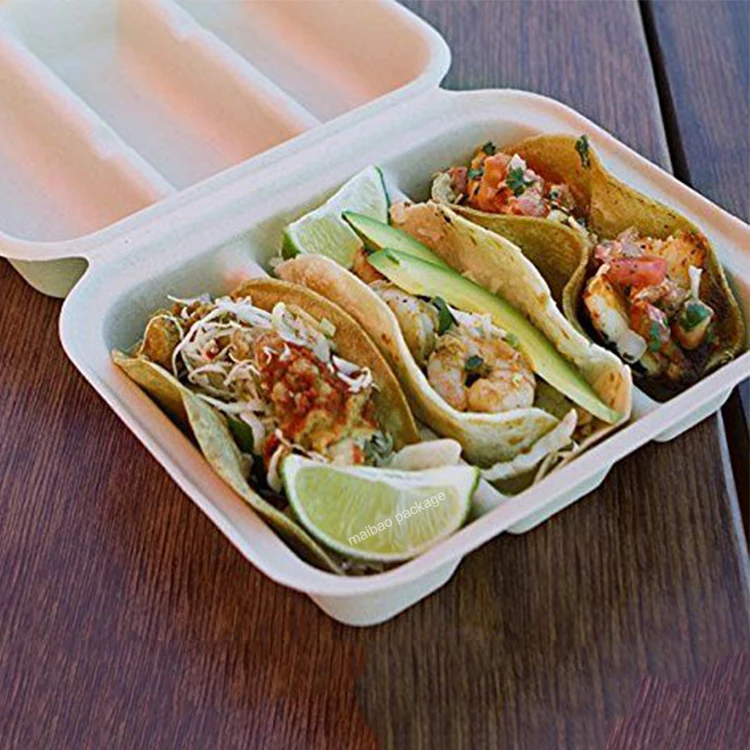 Биоразлагаемая коробка-раскладушка из сахарного тростника, упаковка для пищевых продуктов, жом, коробка для тако, одноразовая целлюлоза, держатель для тако с 3 отделениями и крышкой