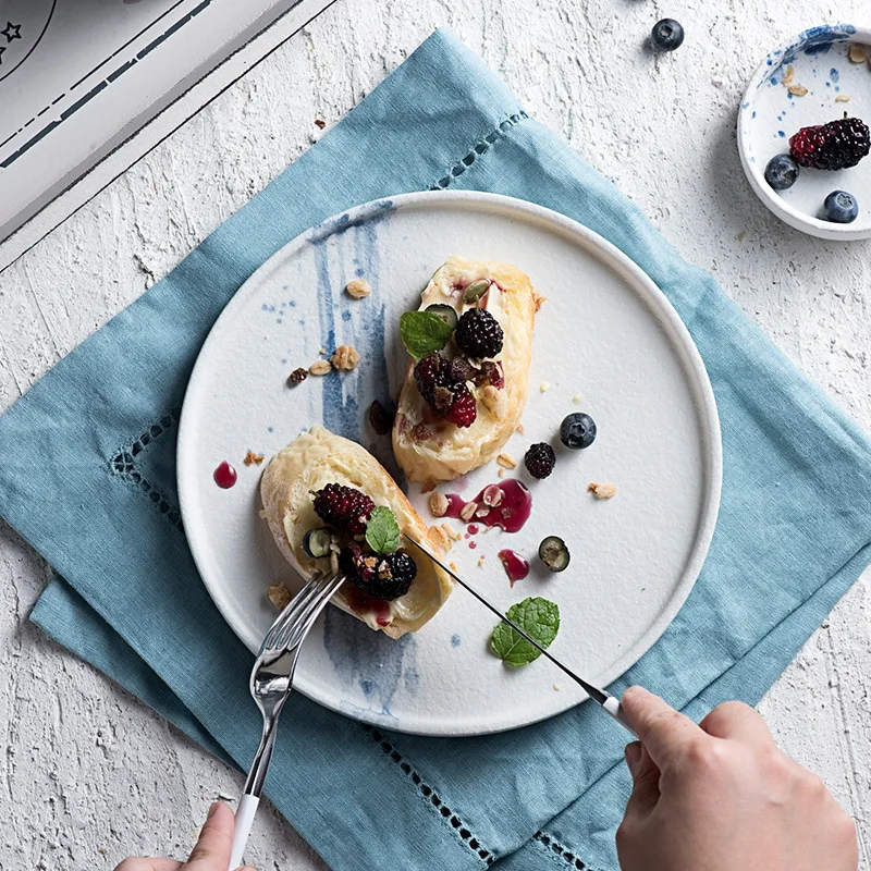 Тусклая польская тарелка, оптовая продажа, фарфоровая посуда, круглая синяя глазурь, матовая крапчатая обеденная тарелка, набор столовой посуды, керамическая посуда