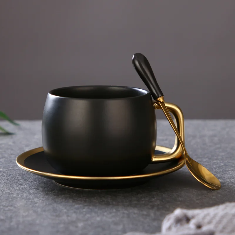 New Simple Creative Ceramic Cup and Saucer Light Luxury High Appearance Level Exquisite Black Gold Coffee Cup and Saucer Set