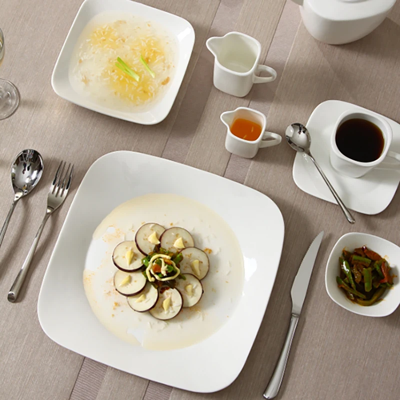 Оптовая продажа, индивидуальный современный дизайн, керамический фарфоровый обеденный сервиз, белая посуда для ресторана, фарфоровый набор посуды