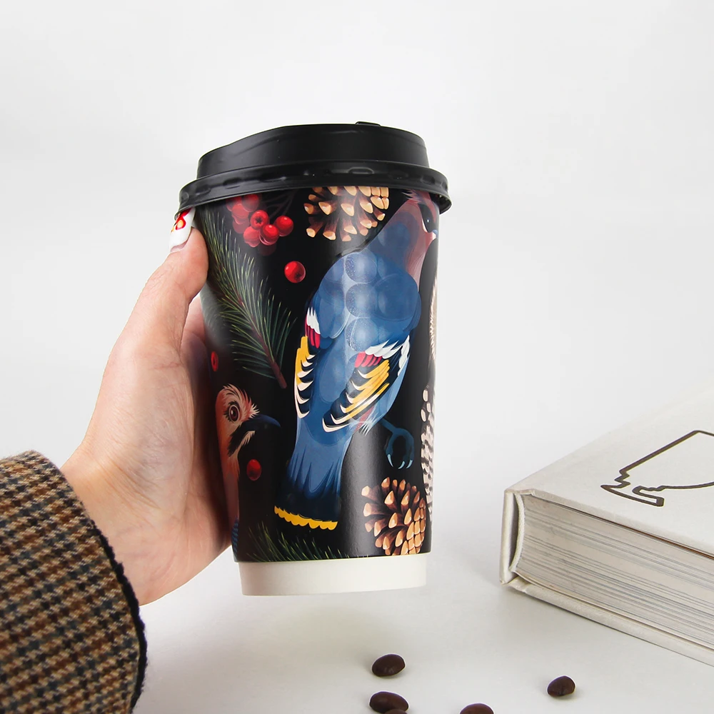 Оптовая продажа 8 унций 12 унций 16 унций 3d тисненный бумажный стаканчик с логотипом, бумажные стаканчики для кофе, чая с крышками, одноразовый черный бумажный стаканчик на вынос