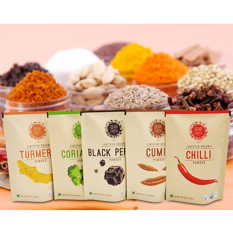 Печать логотипа по индивидуальному заказу, экологически чистая многоразовая застежка-молния, стойка для упаковки пищевых продуктов, биоразлагаемые коричневые мешки для специй из крафт-бумаги