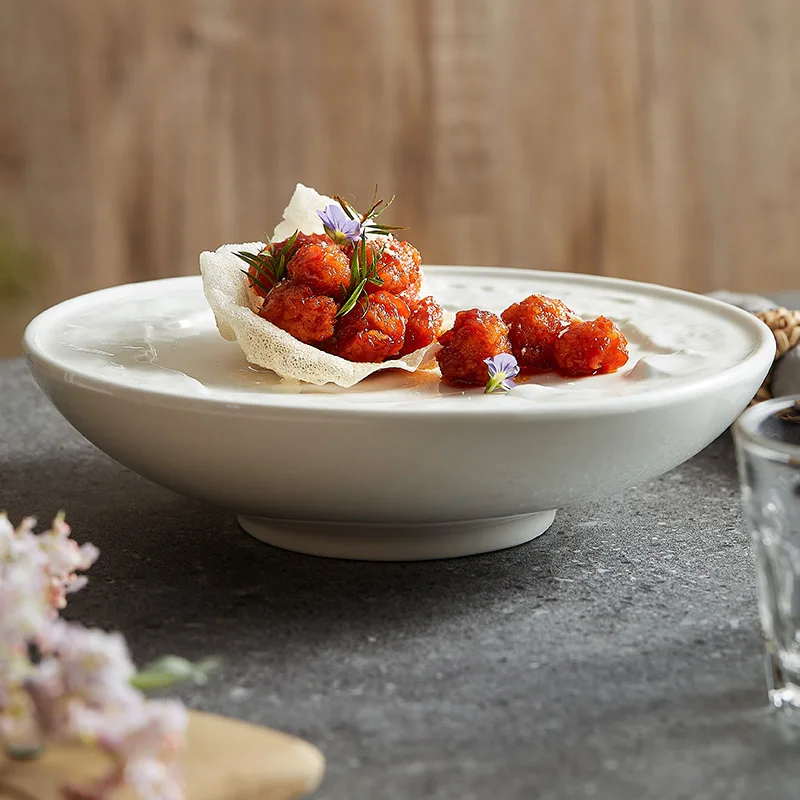 Nordic White 8-inch Double Layer Ceramic Plate Luxury Eco-Friendly Restaurant Home Retaining Tray Sustainable Desserts Parties