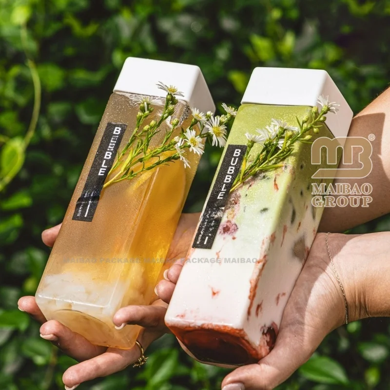 Пустая пластиковая бутылка с индивидуальным логотипом для воды, кофе, чая Боба, пластиковые бутылки для сока на 8 унций с крышкой, 400 мл, 500 мл, квадратная пластиковая бутылка