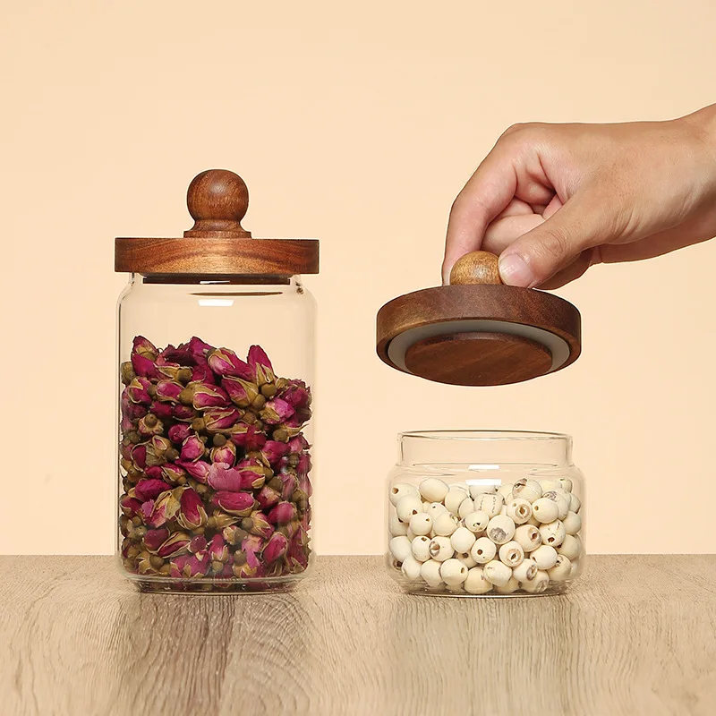 Боросиликатные прозрачные стеклянные банки, заводские бутылки и банки для хранения, контейнер для хранения продуктов питания с герметичной бамбуковой крышкой