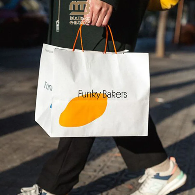 Изготовленный на заказ пакет из переработанной крафт-бумаги с логотипом, экологически чистый упаковочный пакет для доставки еды, бумажный пакет на вынос для ресторана