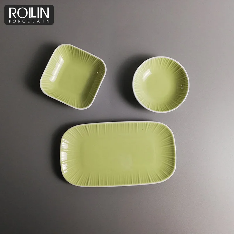 Привлекательная цена, новый тип столовой посуды для отелей, зеленая глазурованная столовая посуда, набор столовых приборов из костяного фарфора