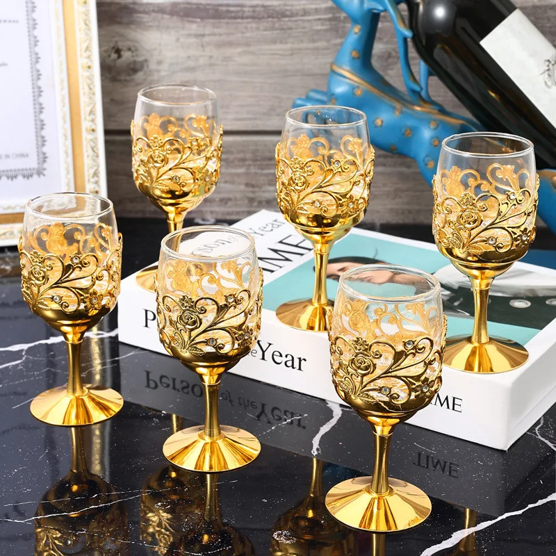 European Metal Iron Glass Cup Household Creative Liquor Cup Goblet Wedding Gift Set Light Luxury Style Golden Hollow Wine Glass