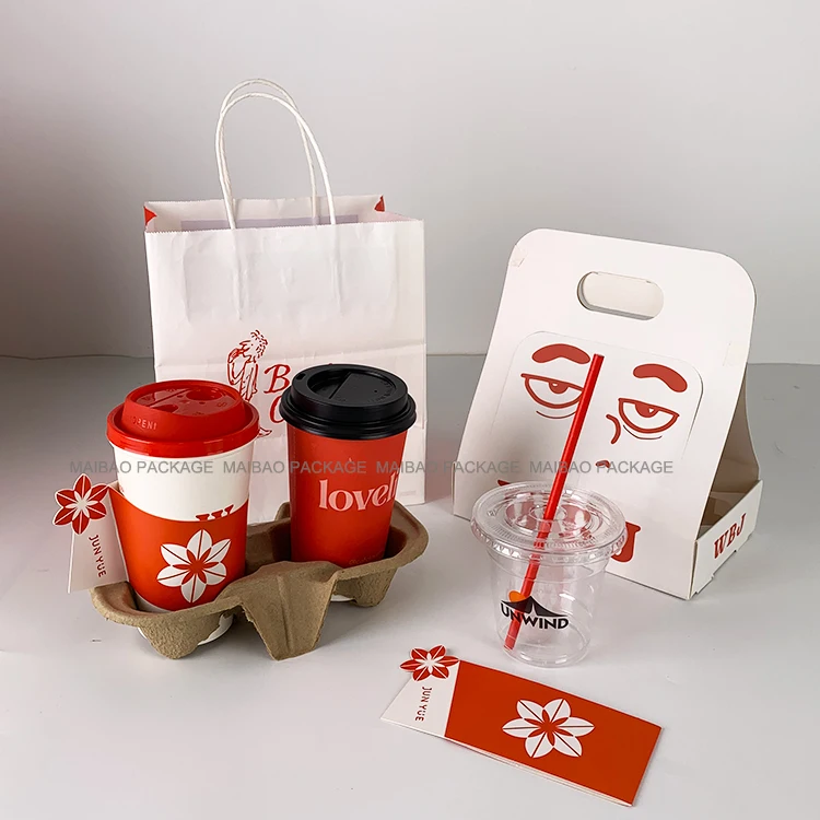 Универсальная упаковка бумажных стаканчиков с индивидуальной печатью. Одноразовые кофейные стаканчики с крышками. Бумажный пакет на вынос. Экологически чистые держатели стаканов.