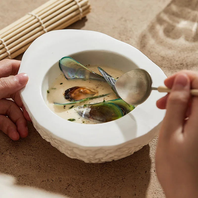 Creative Stone Heat Retaining Bowl White Irregular Shaped Bowl High-End Restaurant Cutlery Bowls