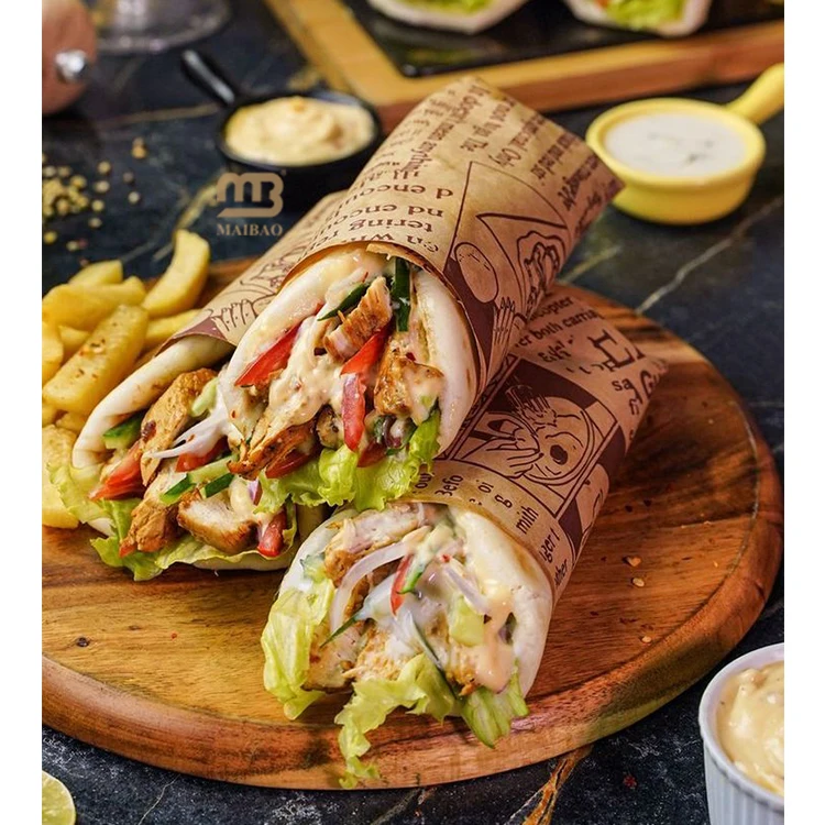 Жиронепроницаемая упаковочная бумага для кебаба с логотипом, маслостойкая упаковочная бумага для шаурмы, жиронепроницаемая вощеная бумага, пищевая упаковка для гамбургеров