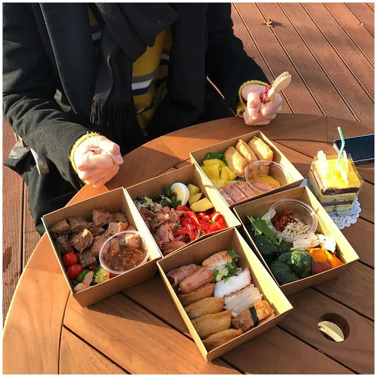 Изготовленная на заказ круглая крафт-упаковочная коробка для ресторана, общественного питания, одноразовая биоразлагаемая квадратная пищевая бумажная коробка для фаст-фуда